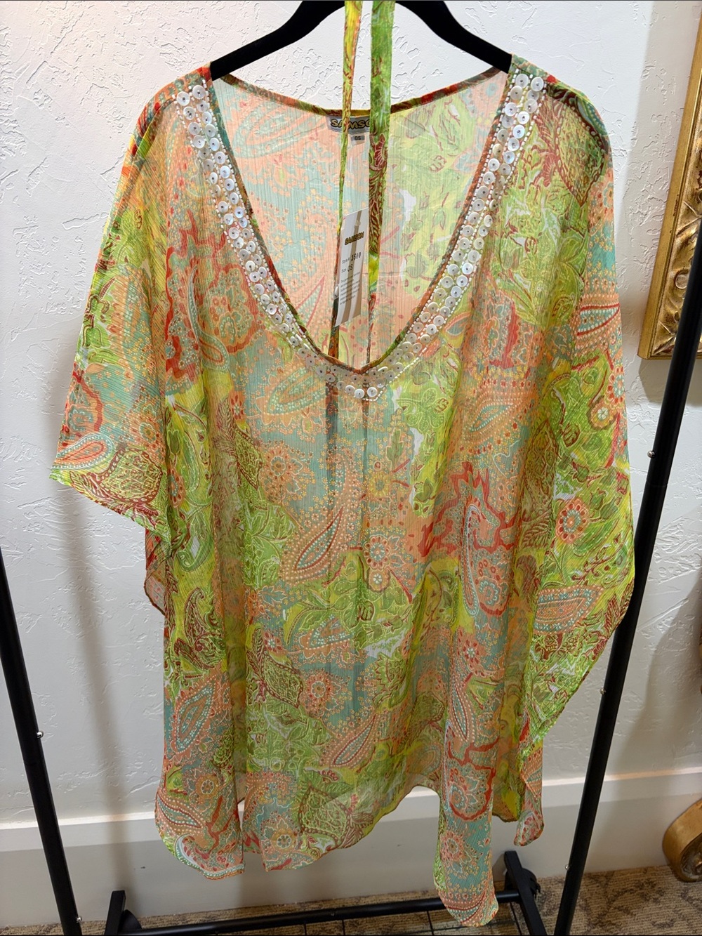 Sheer Sequin-Trim Swim Cover-Up - Lime Multi